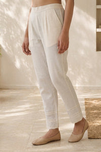 Off White Solid Cotton Flax Trousers with Pintucks