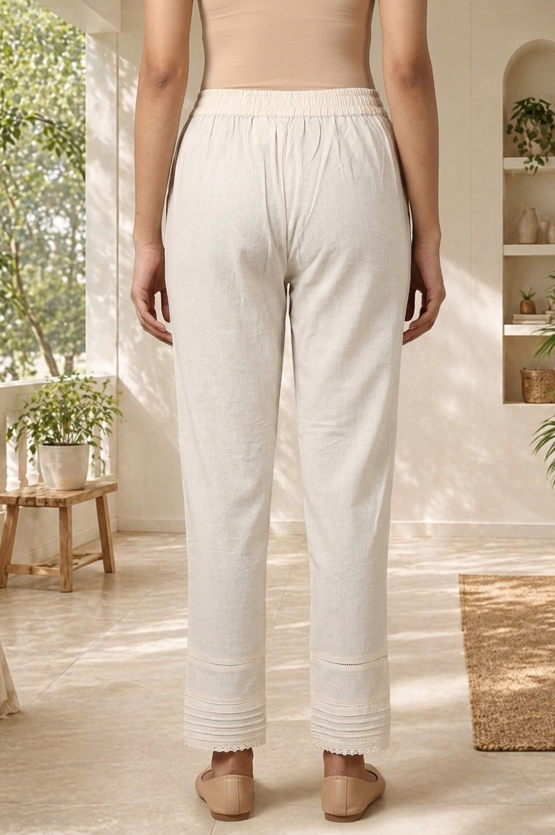 Off White Solid Cotton Flax Trousers with Pintucks