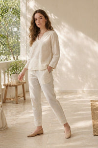Off White Solid Cotton Flax Trousers with Pintucks