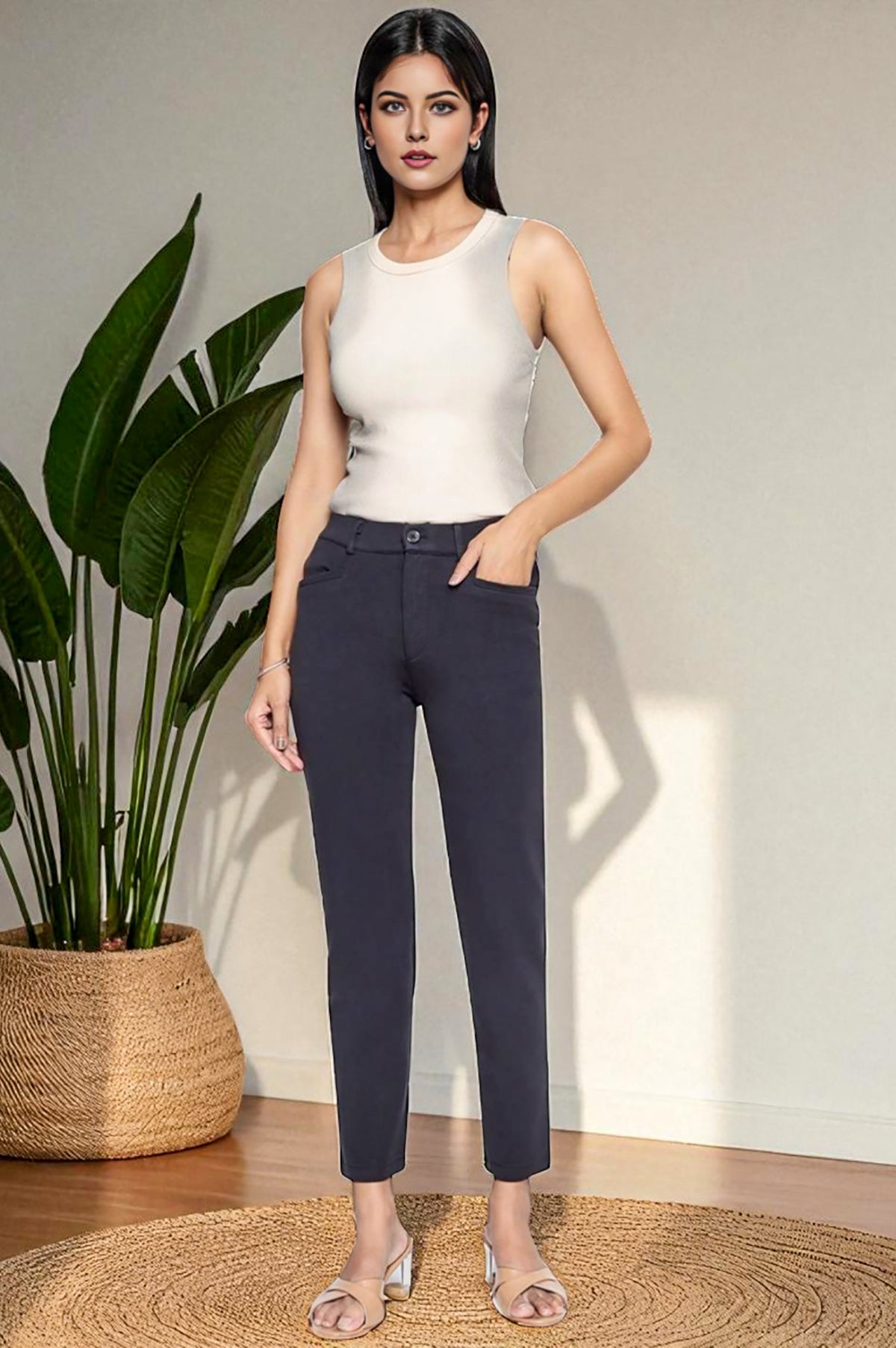 Elleven Women's Black Solid Slim fit Trousers in Ankle Length - S