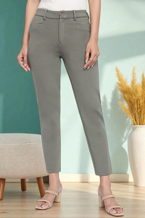 Elleven Women's Green Solid Mid Rise Trouser in Ankle Length
