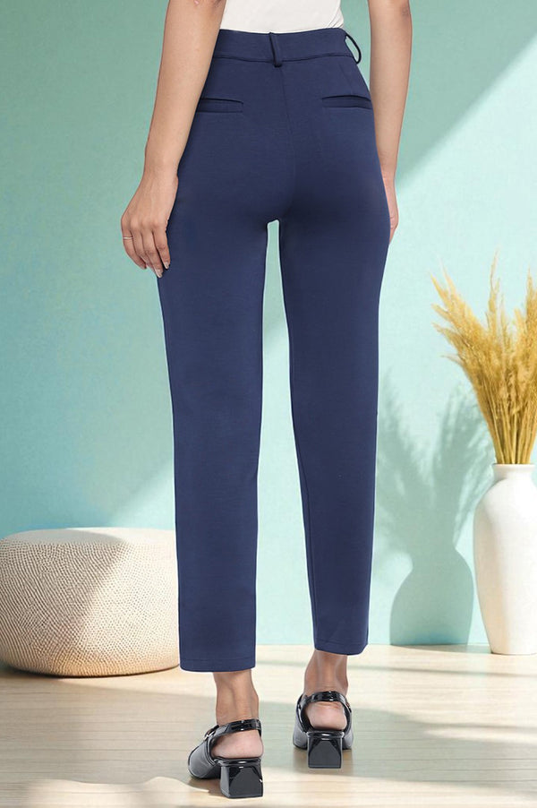 Elleven Women's Navy Blue Solid Mid Rise Trouser in Ankle Length