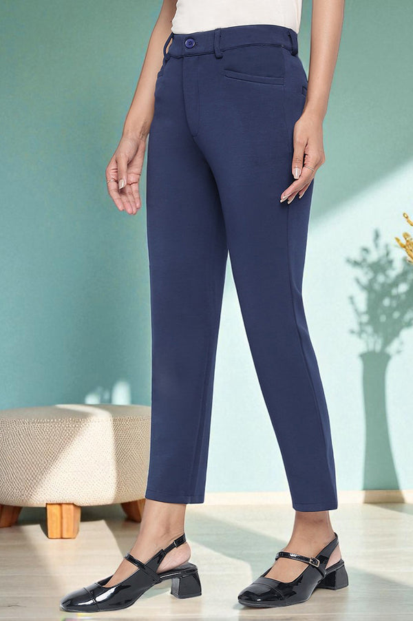 Elleven Women's Navy Blue Solid Mid Rise Trouser in Ankle Length