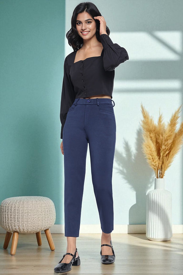 Elleven Women's Navy Blue Solid Mid Rise Trouser in Ankle Length