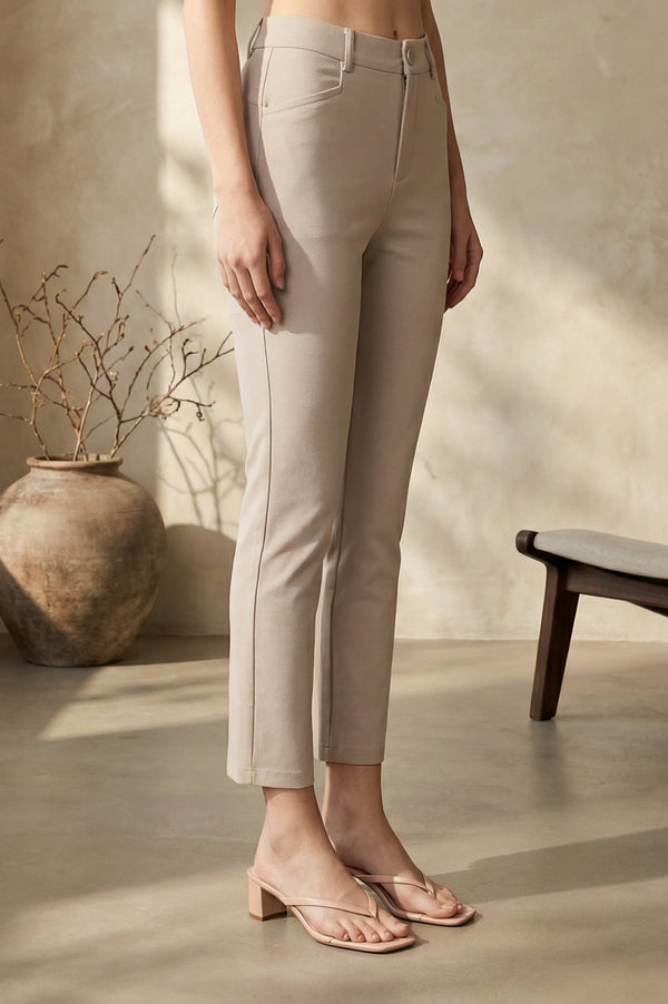 Elleven Women's Beige Solid Modal Slim Fit Crop Mid Rise Boss Pants