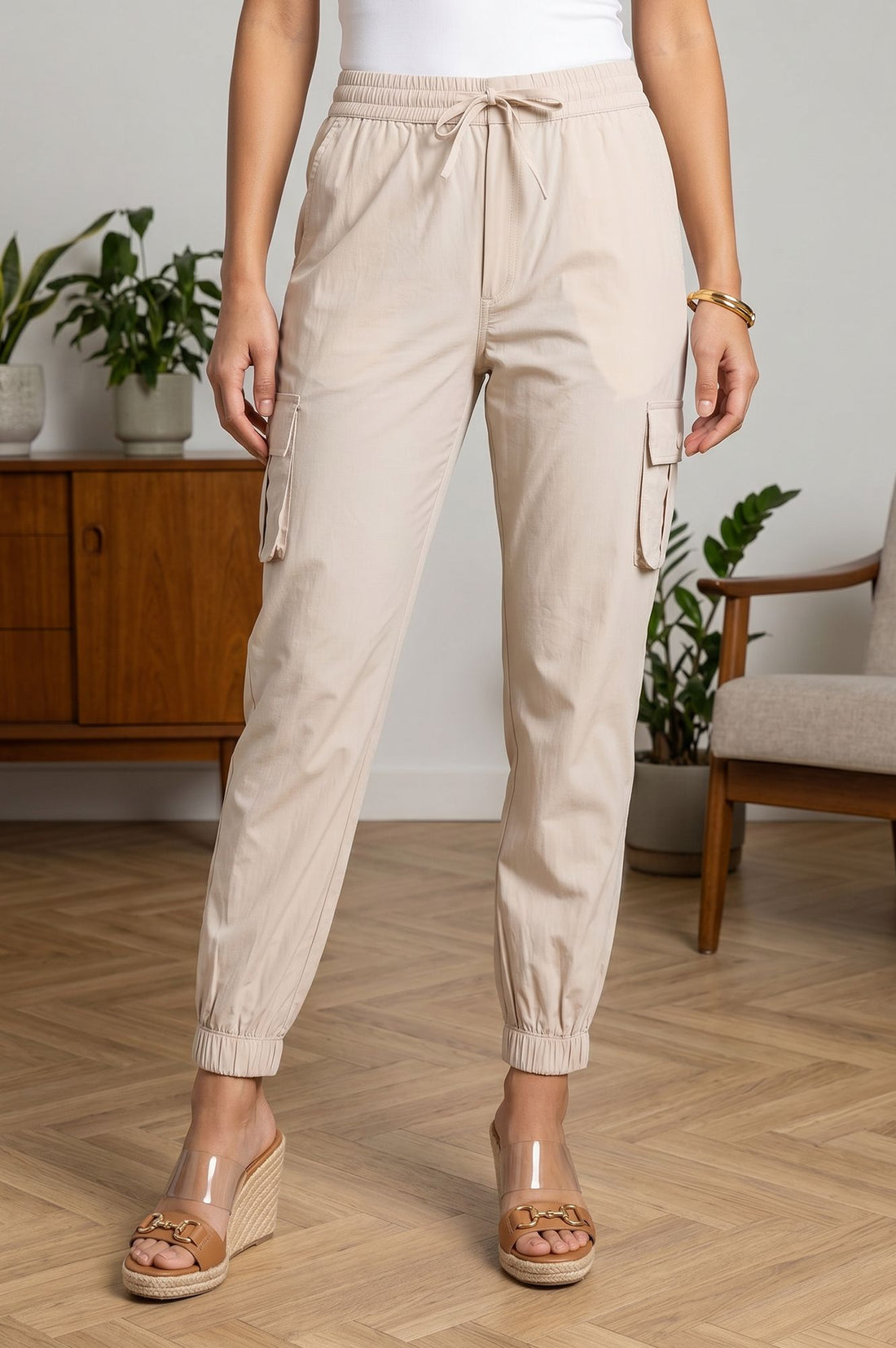 Beige Solid Pure Cotton Tapered Fit Ankle Length Cargo