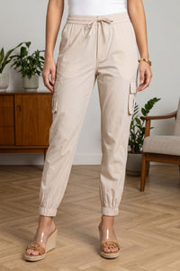 Beige Solid Pure Cotton Tapered Fit Ankle Length Cargo