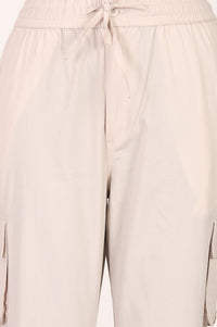 Beige Solid Pure Cotton Tapered Fit Ankle Length Cargo