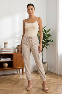 Beige Solid Pure Cotton Tapered Fit Ankle Length Cargo