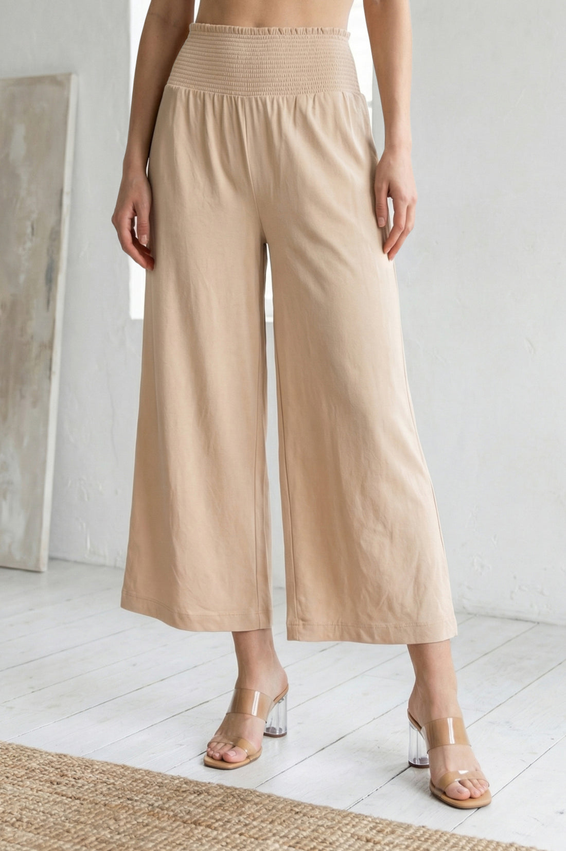 Light Gold Solid Wide Leg Ankle Length High Rise Palazzo