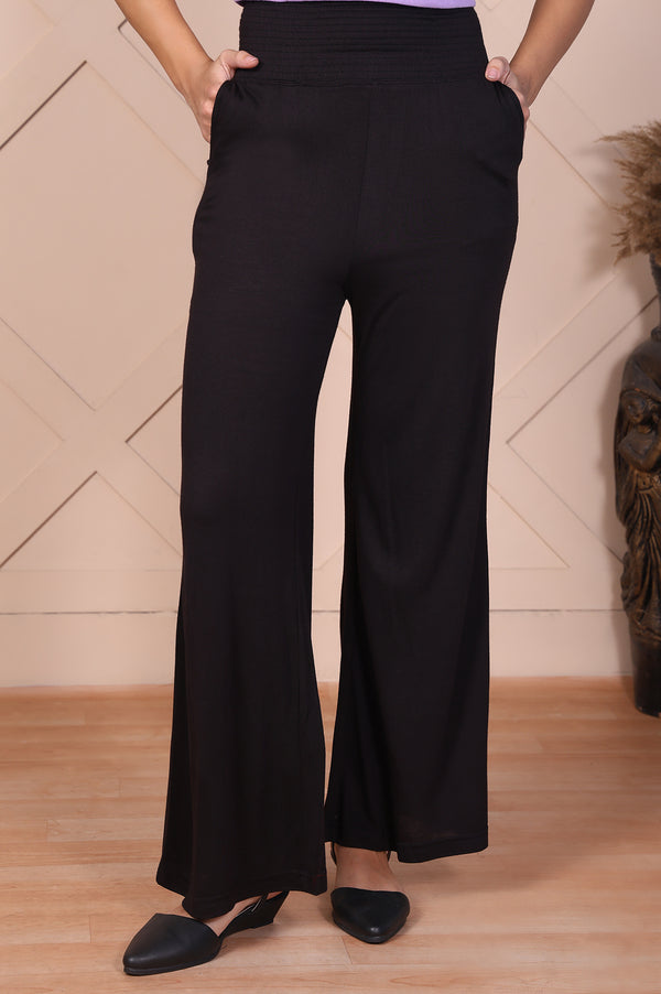 Elleven Women's Black Solid High Rise Ankle Length Wide Leg Palazzo