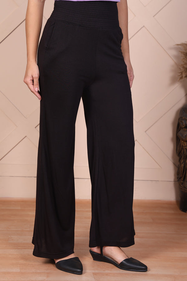 Elleven Women's Black Solid High Rise Ankle Length Wide Leg Palazzo