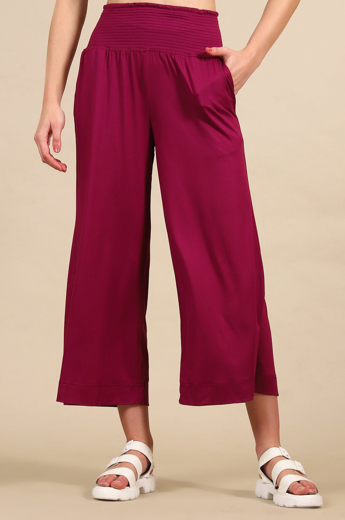 Elleven Women's Purple Solid Flared Pants With Smoked Waist - L