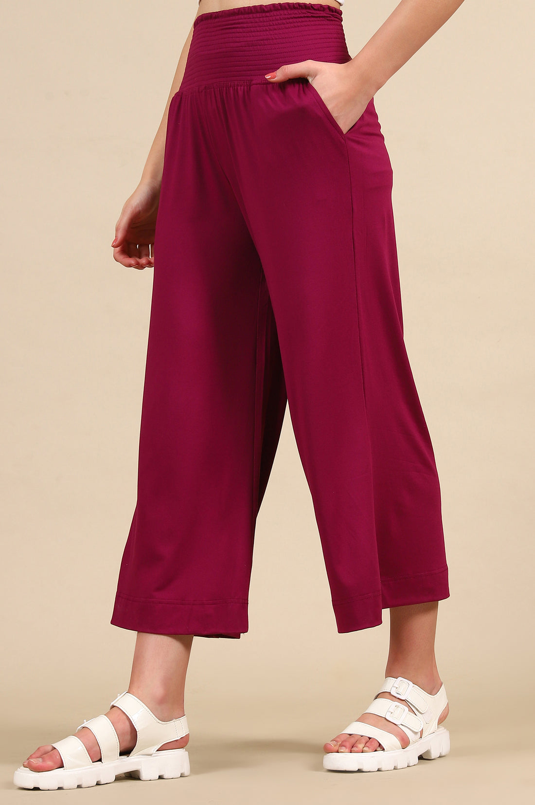 Purple Solid Flared Pants With Smoked Waist
