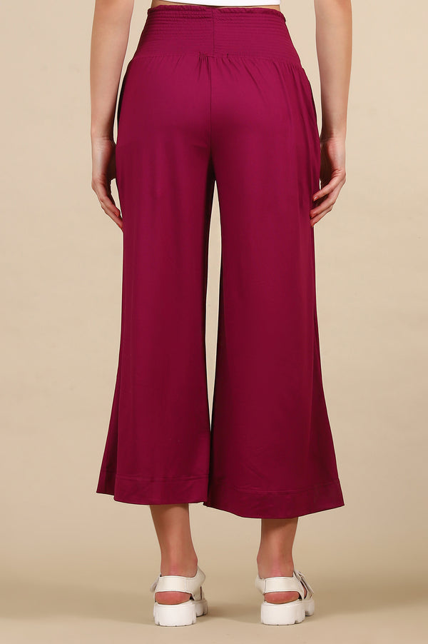 Elleven Women's Purple Solid Flared Pants With Smoked Waist