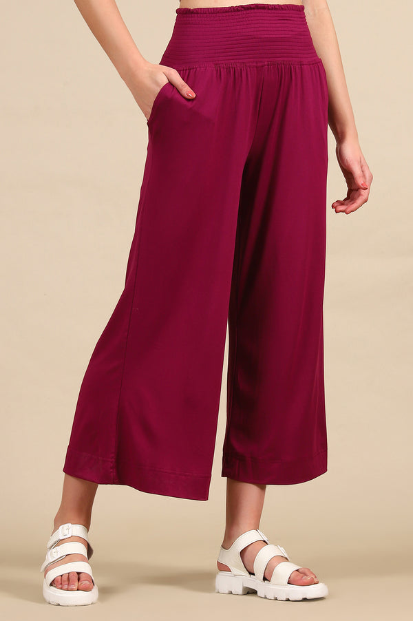Elleven Women's Purple Solid Flared Pants With Smoked Waist