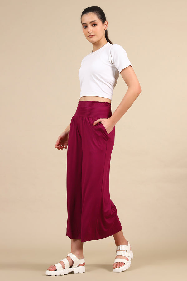 Elleven Women's Purple Solid Flared Pants With Smoked Waist