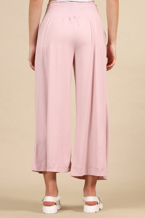 Elleven Women's Pink Solid Flared Pants With Smoked High Waisted Detail