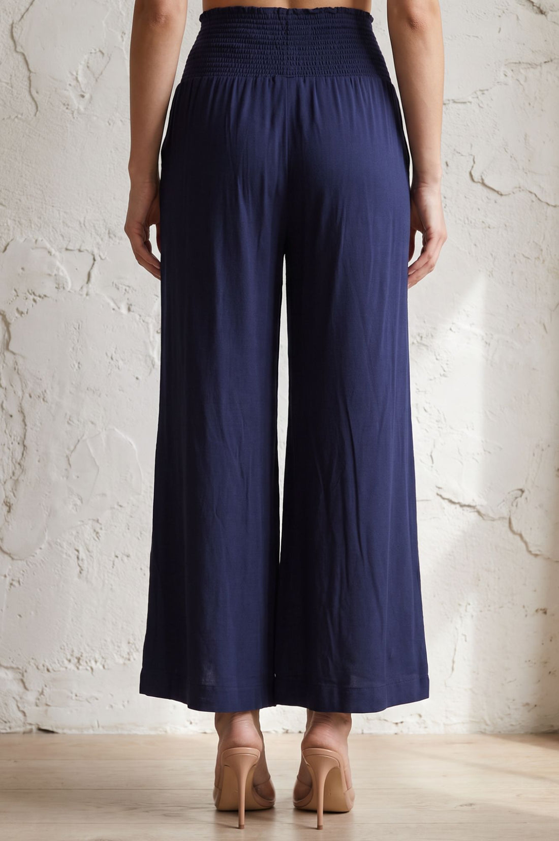 Navy Blue Solid Wide Leg Ankle Length High Rise Pants