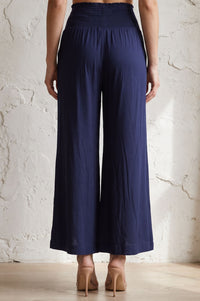 Navy Blue Solid Wide Leg Ankle Length High Rise Pants