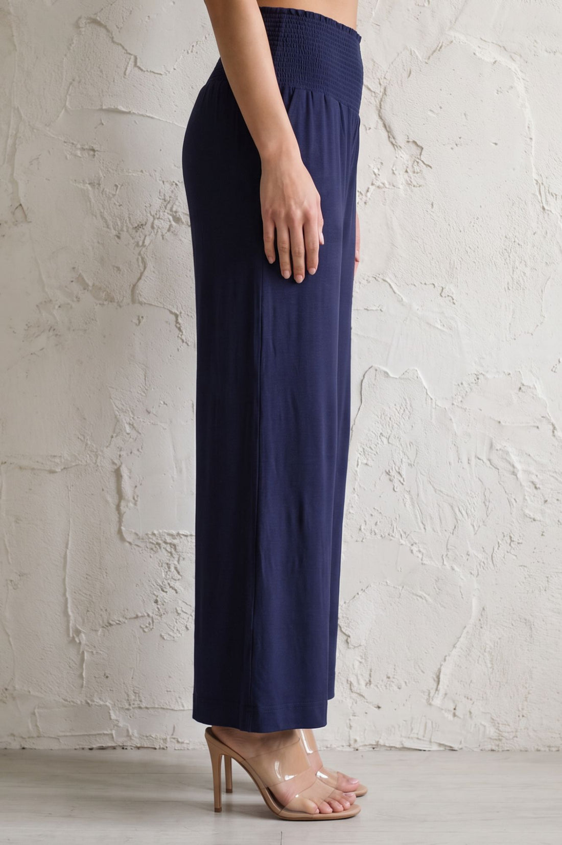 Navy Blue Solid Wide Leg Ankle Length High Rise Pants
