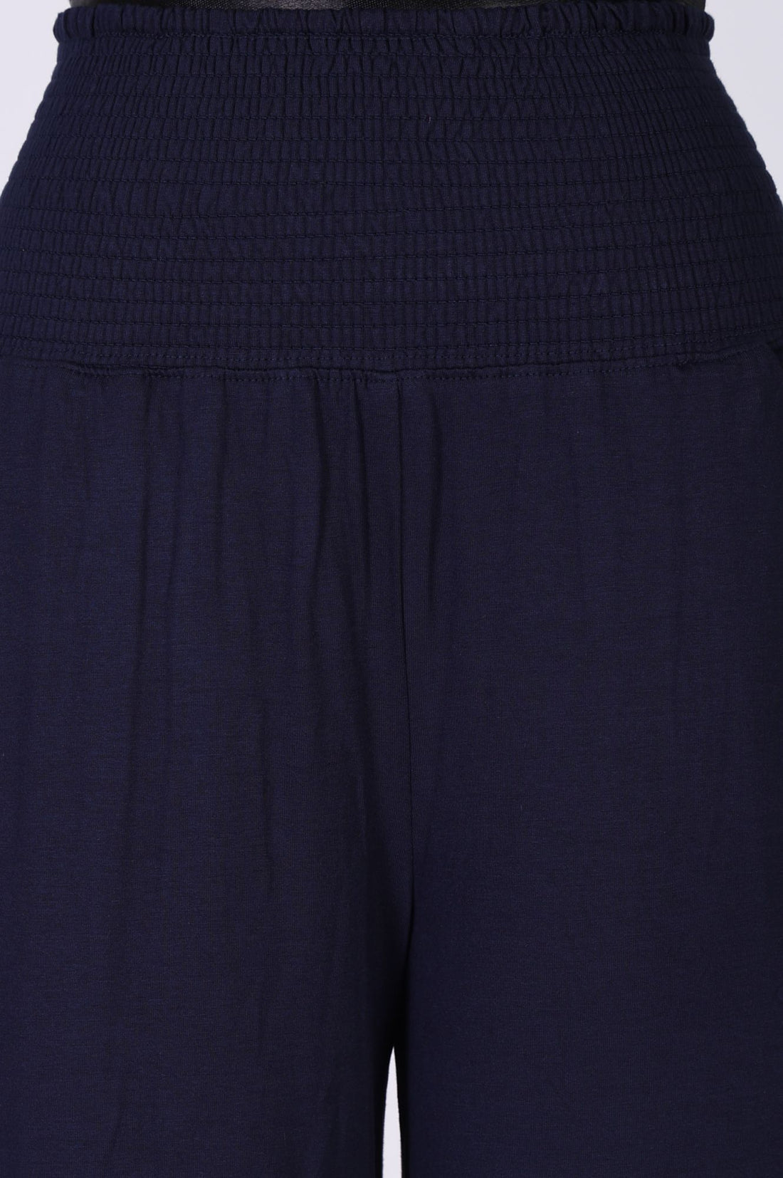Navy Blue Solid Wide Leg Ankle Length High Rise Pants
