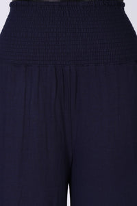 Navy Blue Solid Wide Leg Ankle Length High Rise Pants
