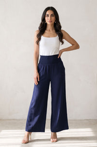 Navy Blue Solid Wide Leg Ankle Length High Rise Pants
