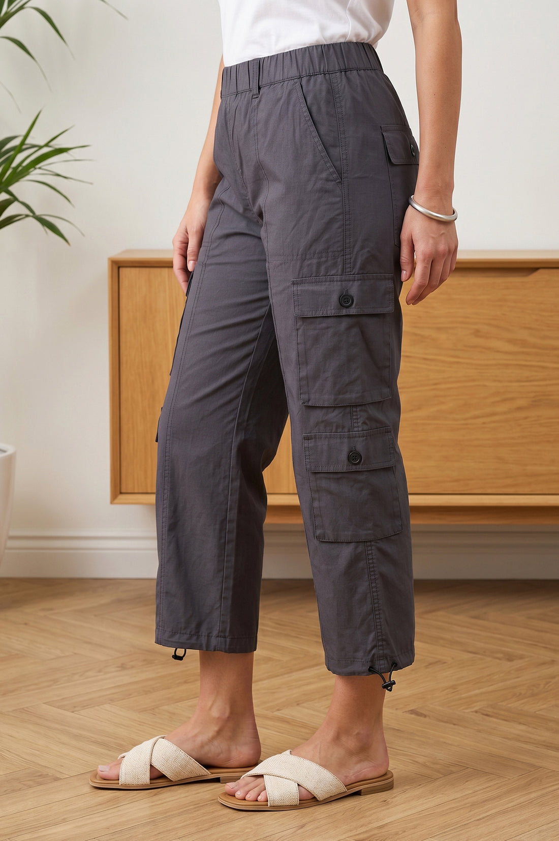 Charcoal High Rise Cargo Pants