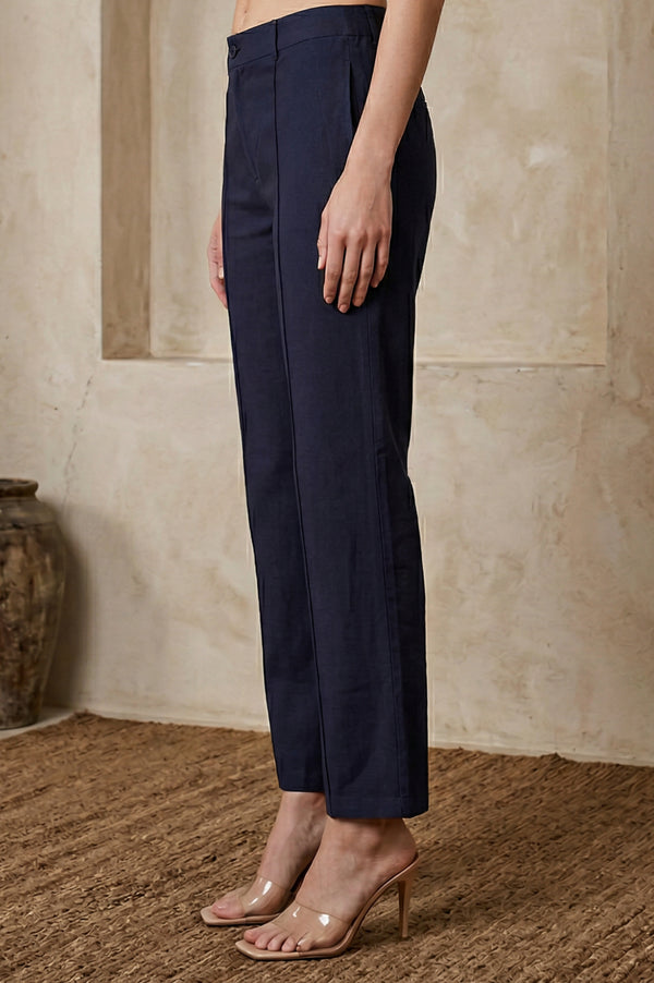 Elleven Women's Navy Blue Solid Rayon Wide-Leg Boss Pants