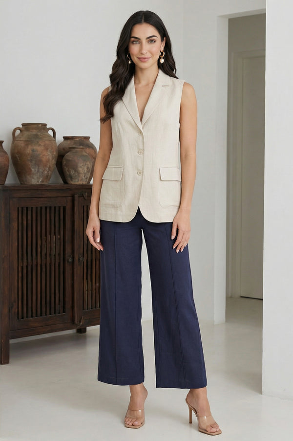 Elleven Women's Navy Blue Solid Rayon Wide-Leg Boss Pants