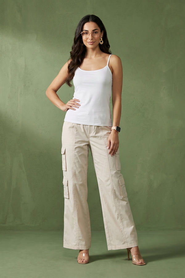 Off-White Pure Cotton Ankle Length Cargo Pants