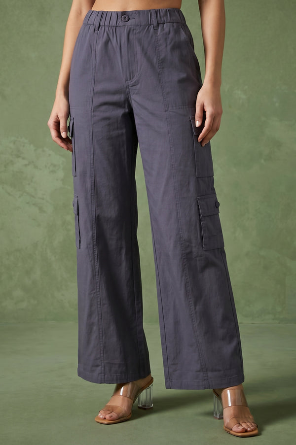 Grey Pure Cotton Ankle Length Cargo Pants