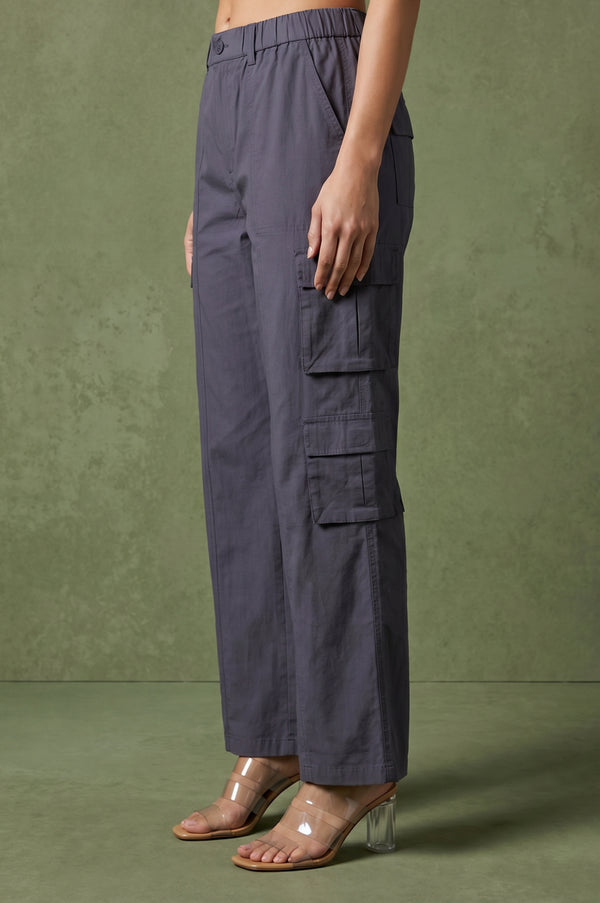 Grey Pure Cotton Ankle Length Cargo Pants