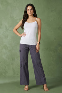 Grey Pure Cotton Ankle Length Cargo Pants