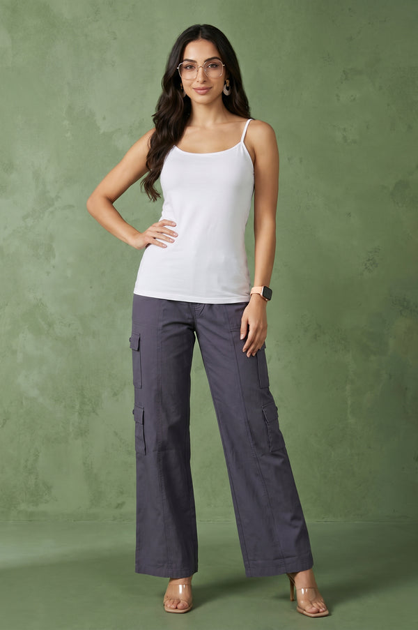 Grey Pure Cotton Ankle Length Cargo Pants