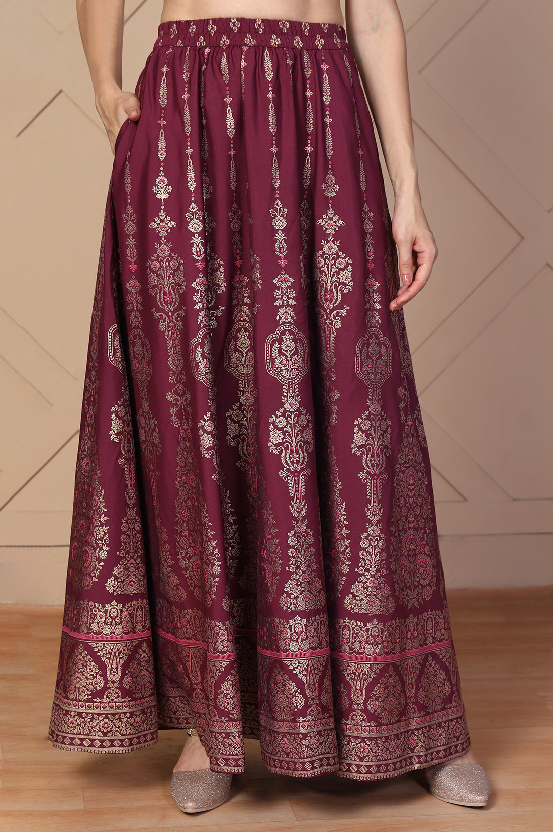 Maroon Ethnic Printed Flared Skirt