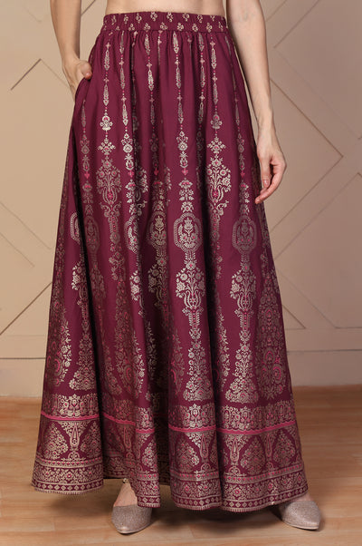 Maroon Ethnic Printed Flared Skirt
