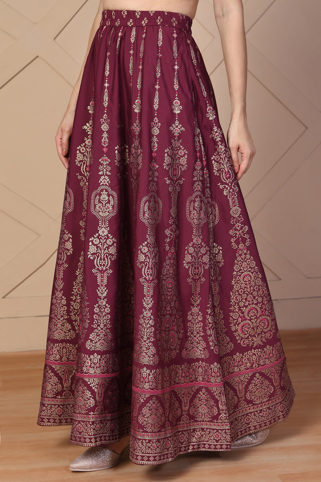Maroon Ethnic Printed Flared Skirt