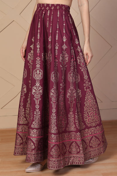 Maroon Ethnic Printed Flared Skirt