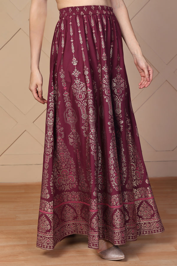 Elleven Women's Maroon Ethnic Printed Flared Skirt