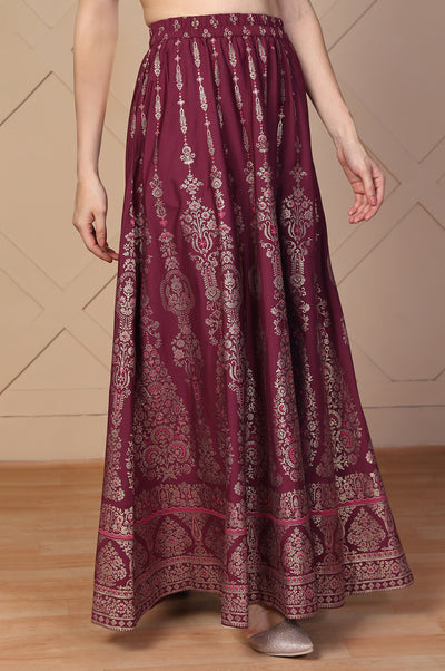 Maroon Ethnic Printed Flared Skirt