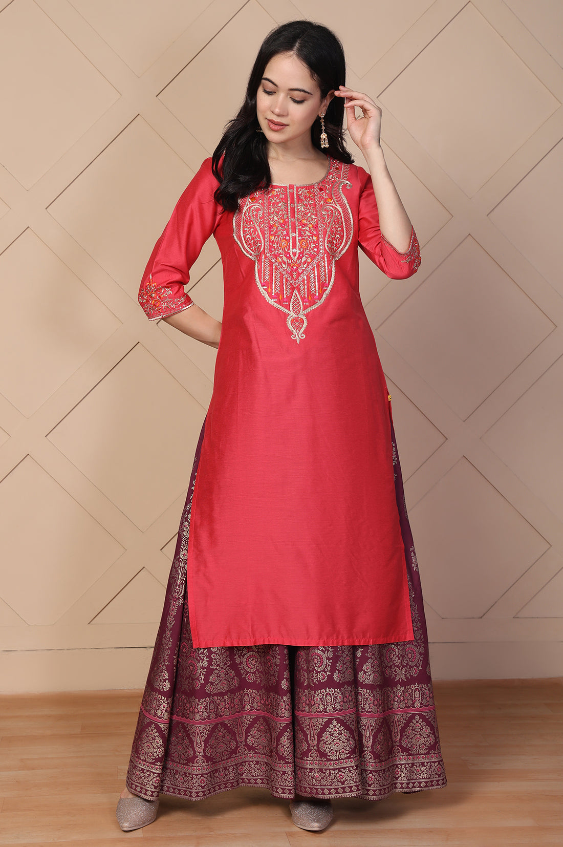 Maroon Ethnic Printed Flared Skirt