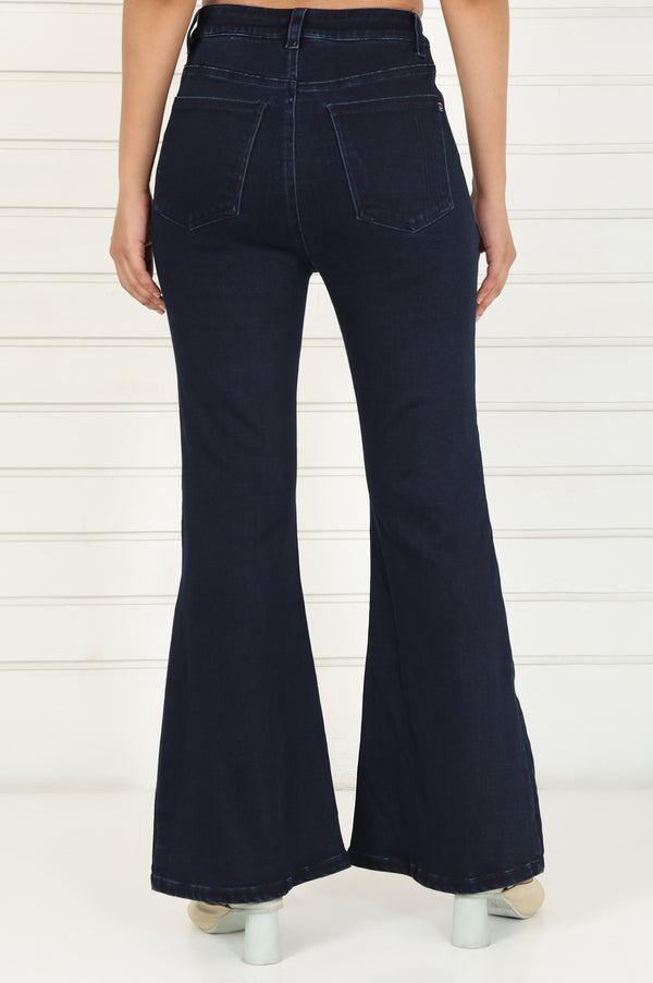 Elleven Women's Blue Denim Lycra Mid Rise Ankle Length Flared Pants with YKK Zipper