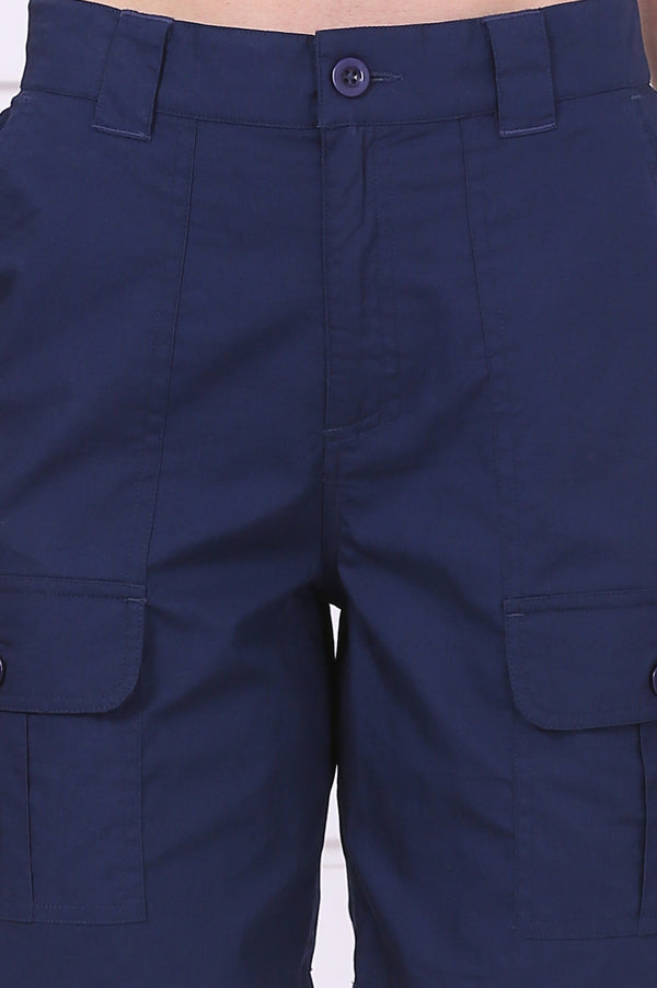 Elleven Women's Blue Solid Mid Thigh Pure Cotton Shorts with YKK Zipper
