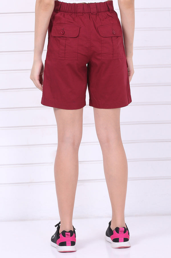 Elleven Women's Red Solid Mid Thigh Pure Cotton Shorts with YKK Zipper