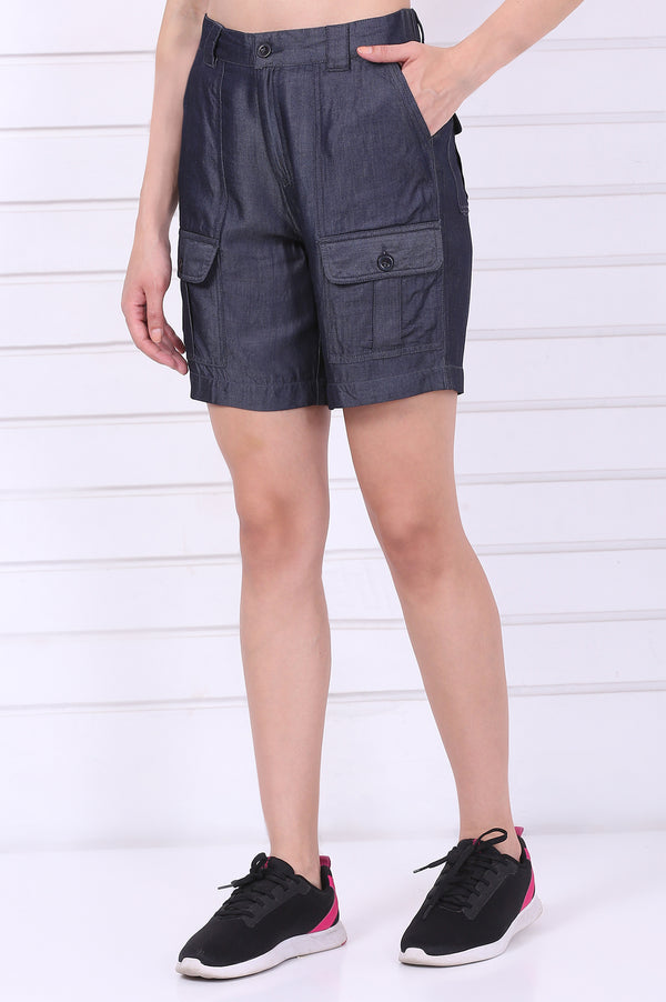 Elleven Women's Blue Solid Mid Thigh Linen Shorts with YKK Zipper