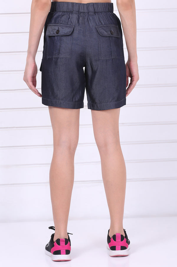 Elleven Women's Blue Solid Mid Thigh Linen Shorts with YKK Zipper