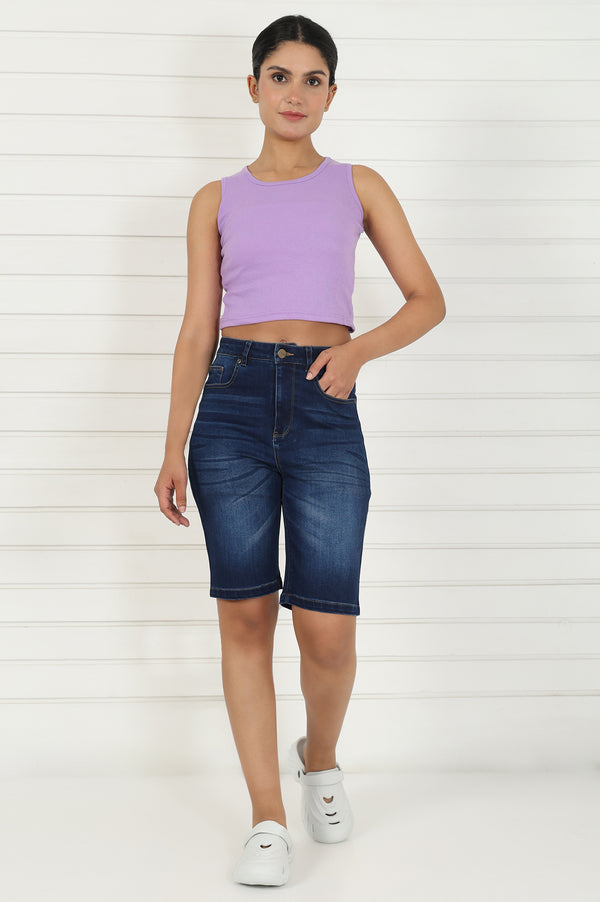 Elleven Women's Blue Denim Lycra Mid Rise Mid Thigh Length Shorts with YKK Zipper