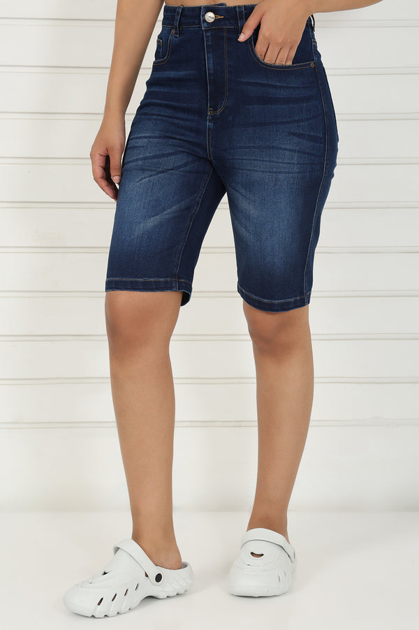 Elleven Women's Blue Denim Lycra Mid Rise Mid Thigh Length Shorts with YKK Zipper